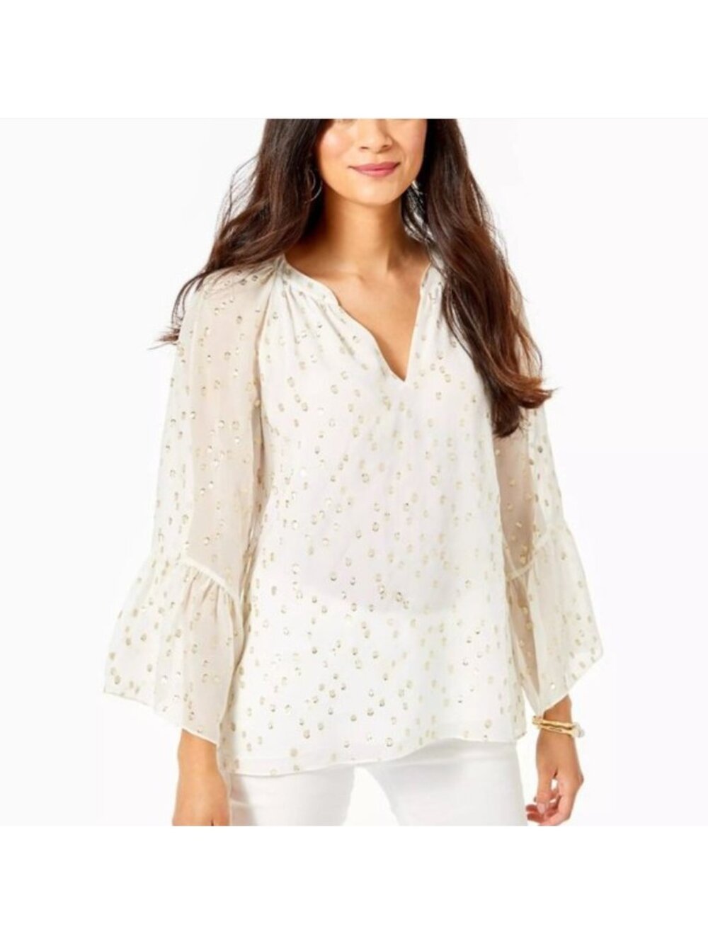 Lilly Pulitzer Coconut White Silk Gold Metallic Matilda Top Flounce Sz XL